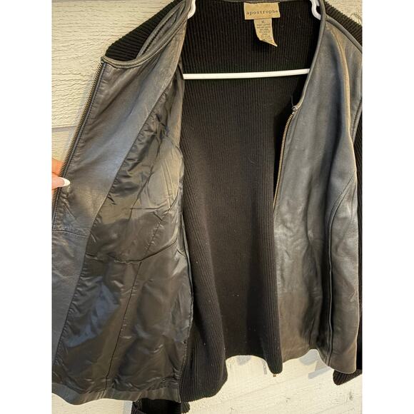 Apostrophe Black Leather Front Knit Sleeve Jacket XL Zip Up Moto Chic - Picture 7 of 8